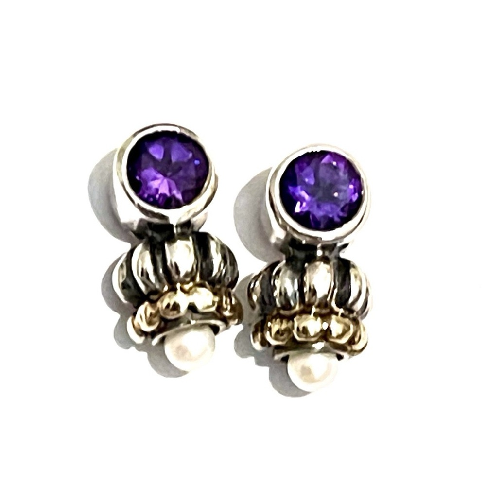 Lagos Vintage Caviar Amethyst and Pearl Silver and Gold Stud Earrings